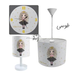 آباژور رومیزی و لوستر اتاق خواب کودک طرح دختر موفرفری مدل LBR-SET-016 به همراه ساعت دیواری
