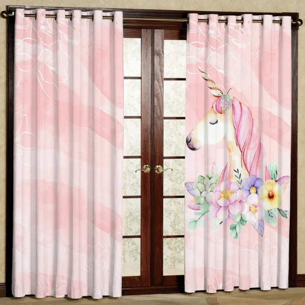 پرده طرح فانتزی یونیکورن اتاق کودک 2 تکه از جنس مخمل - Image 1