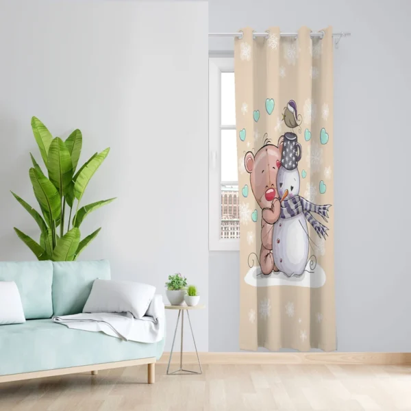 پرده  اتاق کودک جنس مخمل پانچی طرح بچه خرس و ادم برفی - Image 1