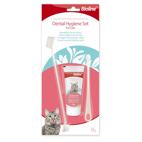 ست مسواک و خمیر دندان گربه بایولاین مدل dental hygiene set -cheese flavor وزن 50 گرم - Image 1