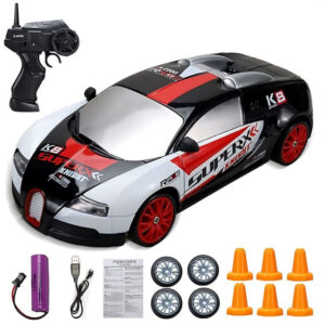 ماشین کنترلی دریفت شارژی ناب سل مدل Bugatti DRIFT CAR RETURNS NAAB003 با سرعت 15 کیلومتر بر ساعت، لاستیک زاپاس و علائم رانندگی