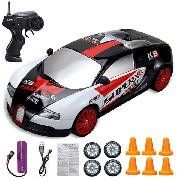 ماشین کنترلی دریفت شارژی ناب سل مدل Bugatti DRIFT CAR RETURNS NAAB003 با سرعت 15 کیلومتر بر ساعت، لاستیک زاپاس و علائم رانندگی - Image 1