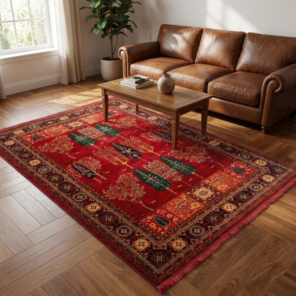 فرش ماشینی 700 شانه فرش بزرگمهر زمینه قرمز لاکی حاشیه لاکی مدل درخت زندگی کد 78120 - Image 1