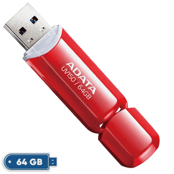 فلش مموری ای دیتا مدل UV150 ظرفیت 64 گیگابایت، رابط USB 3.2 Gen1، سرعت خواندن 90 مگابایت بر ثانیه، طراحی درپوش‌دار، سازگار با گوشی، تبلت، کامپیوتر و تلویزیون - Image 1