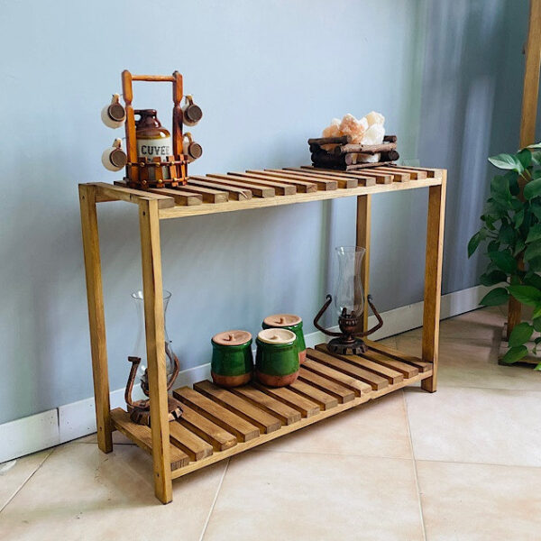 استند گلدان چوبی مدل sl900 از جنس چوب روسی با ابعاد 80x30x70 سانتی‌متر، دارای سنباده‌کاری و لایه جلا، مناسب برای دکوراسیون روستیک و امکان استفاده بدون رنگ برای اجرای رنگ دلخواه - Image 1
