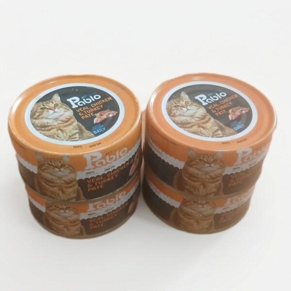 کنسرو غذای گربه بالغ پابلو مدل پته طعم گوشت گوساله و مرغ و بوقلمون مجموعه 4 عددی وزن 800 گرم - Image 1