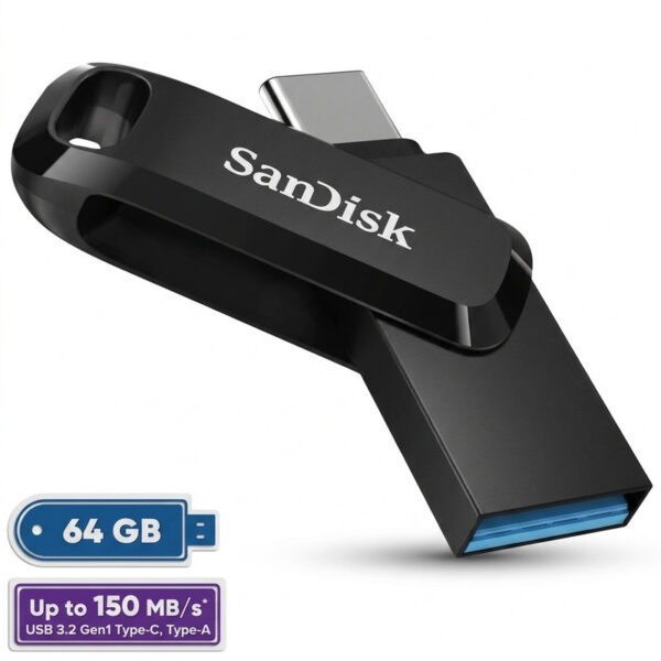 فلش مموری سن دیسک 64 گیگابایت مدل Ultra Dual Drive Go با دو رابط USB Type-C و USB Type-A، استاندارد USB 3.2 Gen1، طراحی چرخشی، سازگار با اندروید، iOS، ویندوز و مک، مناسب گوشی، تبلت، کامپیوتر و تلویزیون - Image 1