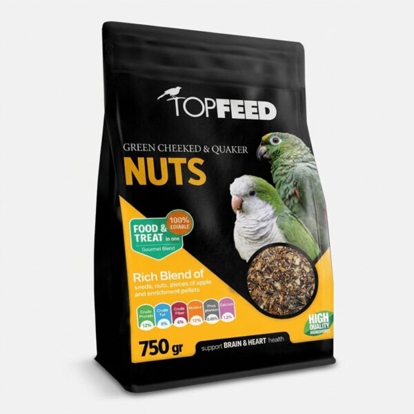 خوراک آجیلی گرین چیک پرندگان تاپ فید Topfeed Green Cheeked & Quaker وزن 750 گرم - Image 1