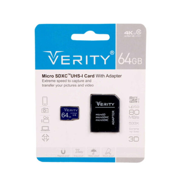کارت حافظه micro SDXC وریتی مدل 4K کلاس 10 استاندارد UHS-I سرعت 80MBps ظرفیت 64 گیگابایت به همراه آداپتور SD - Image 1