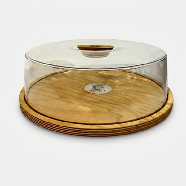ظرف کیک چوبی تن تن مدل Raika با سینی قطر 32cm و درب طلقی شفاف با دسته چوبی، قابل شست‌وشو با دست - Image 1