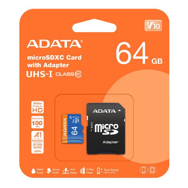 کارت حافظه microSDXC ای دیتا مدل Premier کلاس 10 استاندارد UHS-I V10 A1سرعت 100MBps ظرفیت 64 گیگابایت به همراه آداپتور - Image 1